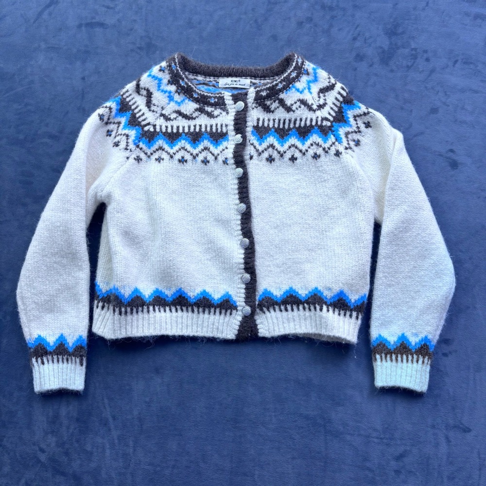 KIMI Love You So Much Fair Isle Cropped Cardigan Sweater Cream Blue Brown